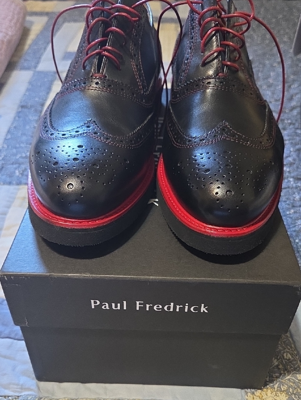 Paul Fredrick Black Leather Wingtip Oxfords with Red Accents